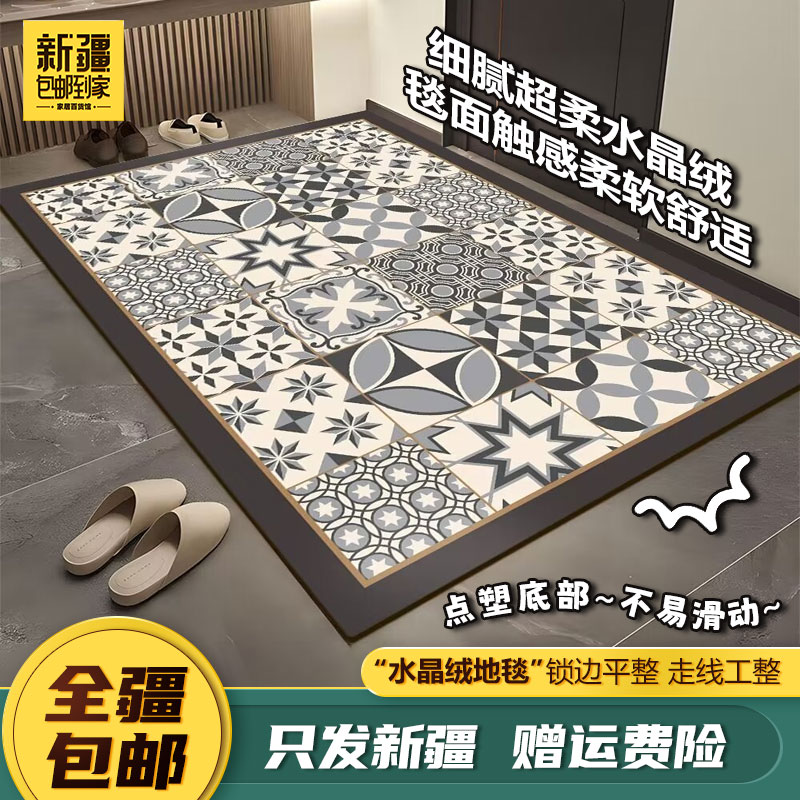 新疆包邮-轻奢水晶绒地毯入户门垫耐脏家用玄关脚垫进门防滑垫