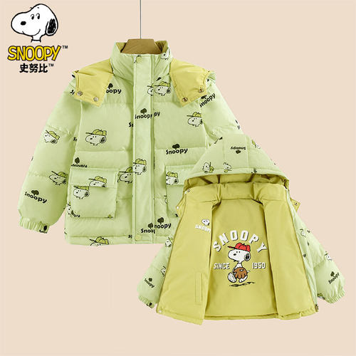 史努比童装2024冬季新款儿童时尚休闲双面两穿卡通印花连帽羽绒服