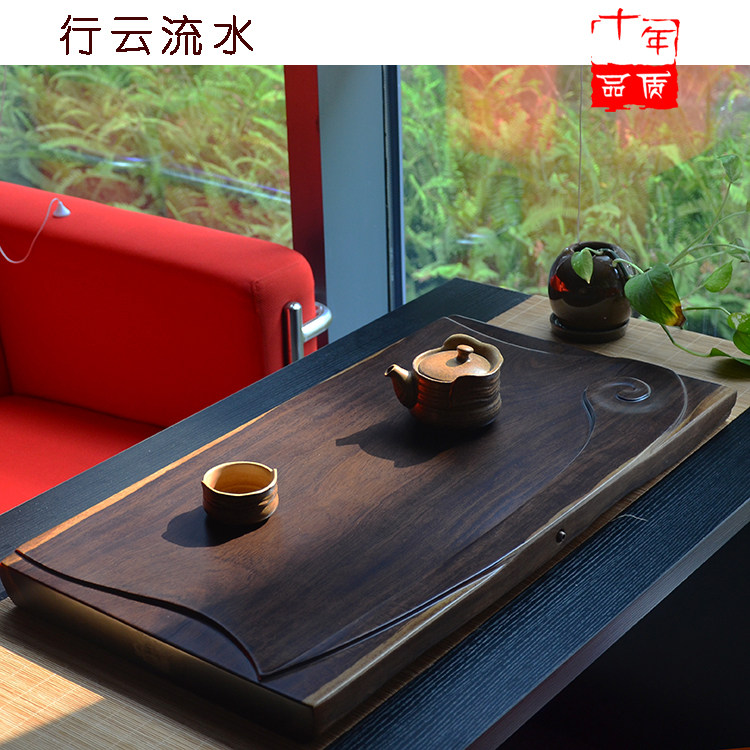 整块黑檀木茶盘实木茶台长方形原木家用茶海大号排水简约功夫茶具