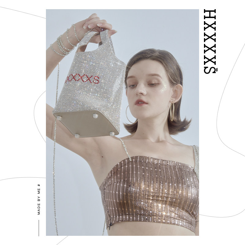 HXXXXS恶搞满钻菜篮子包 水钻女包真皮明星同款ins新款手提水桶包