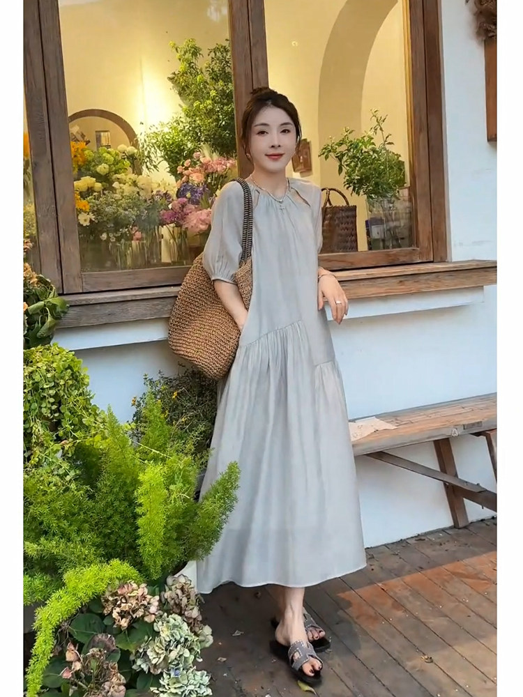 法式慵懒风宽松显瘦连衣裙女2025夏季高级中长款泡泡袖胖mmA字裙