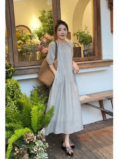法式慵懒风宽松显瘦连衣裙女2026夏季高级中长款泡泡袖胖mmA字裙