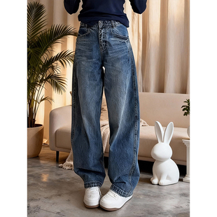 蓝色复古高腰百搭弯刀牛仔裤女2026春季新宽松显瘦梨形身材阔腿裤