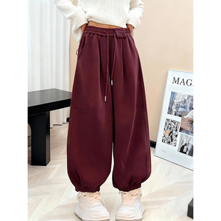 加绒加厚2025秋冬慵懒风束脚卫裤 酒红色 女宽松松紧腰百搭休闲裤
