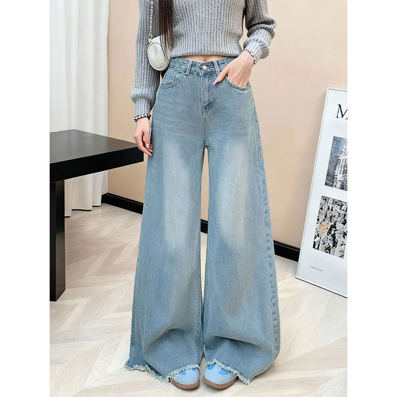 高腰阔腿牛仔裤女宽松直筒拖地裤