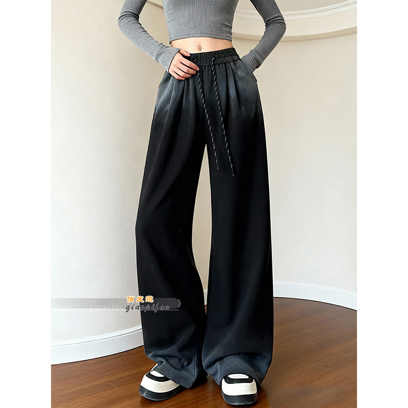 黑色渐变高腰垂感抽绳阔腿裤女2026春季新款宽松显瘦休闲直筒长裤,女装/女士精品,休闲裤,淘宝优惠券,粉丝福利购,淘宝优惠卷