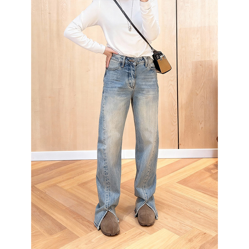 加绒保暖复古高腰开叉牛仔裤女2025冬季小众高级显瘦百搭直筒长裤,女装/女士精品,牛仔裤,淘宝优惠券,粉丝福利购,淘宝优惠卷