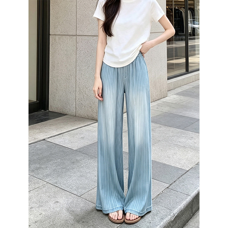 高腰垂感竖条纹蓝色休闲阔腿裤女图片
