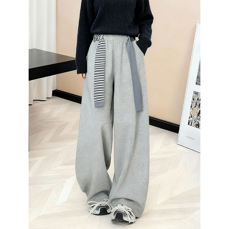 高腰撞色条纹腰带阔腿裤女