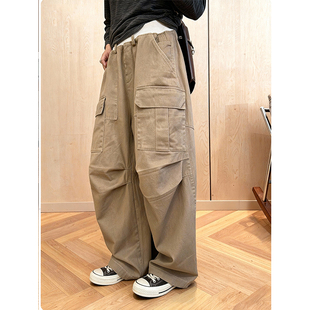 复古百搭休闲阔腿弯刀长裤 复古卡其色高腰百搭工装 新款 2026春季 裤
