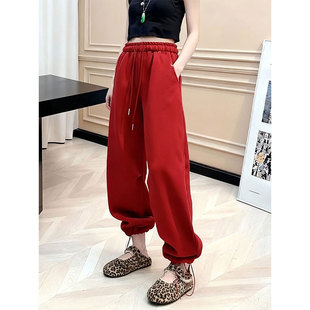 加绒加厚2025秋冬红色脚运动裤女高腰显瘦宽松灯笼裤小个子休闲裤