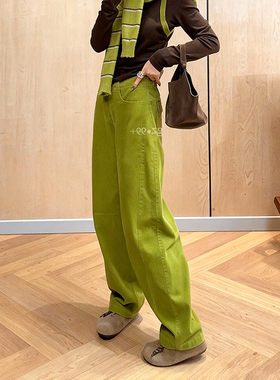 加绒加厚绿色高腰弯刀裤女2025冬季宽松百搭显瘦垂感阔腿休闲裤