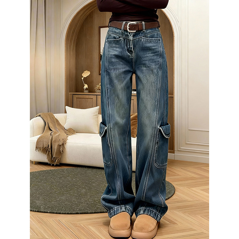 2006年春季美式复古工装牛仔裤女高腰宽松显瘦阔腿弯刀裤长裤子,女装/女士精品,牛仔裤,淘宝优惠券,粉丝福利购,淘宝优惠卷