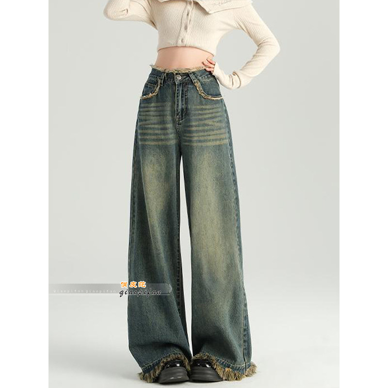美式复古毛边高腰阔腿牛仔裤女2026春季新款宽松直筒显瘦百搭长裤,女装/女士精品,牛仔裤,淘宝优惠券,粉丝福利购,淘宝优惠卷