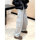 风灰色加绒阔腿裤 女2025冬季 爆款 工装 宽松显瘦多口袋弯刀休闲长裤