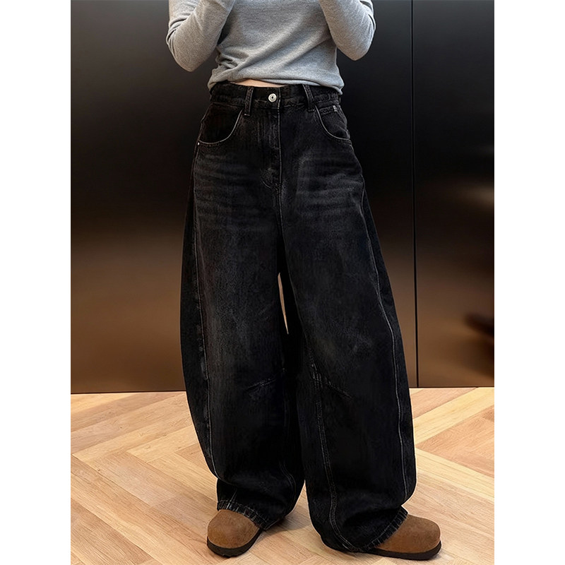 加绒加厚2025秋冬美式复古高腰黑色弯刀牛仔裤宽松遮胯阔腿裤显瘦,女装/女士精品,大码裤装,淘宝优惠券,粉丝福利购,淘宝优惠卷