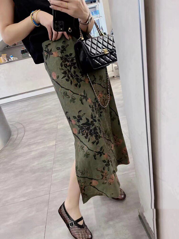 优雅新中式提花侧开叉醋酸半身裙女2026夏季显瘦气质高级感包臀裙