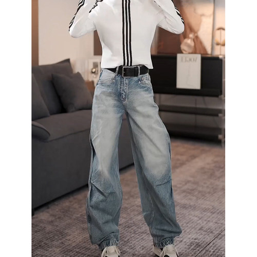 加绒时髦洗水欧美设计感弯刀裤女