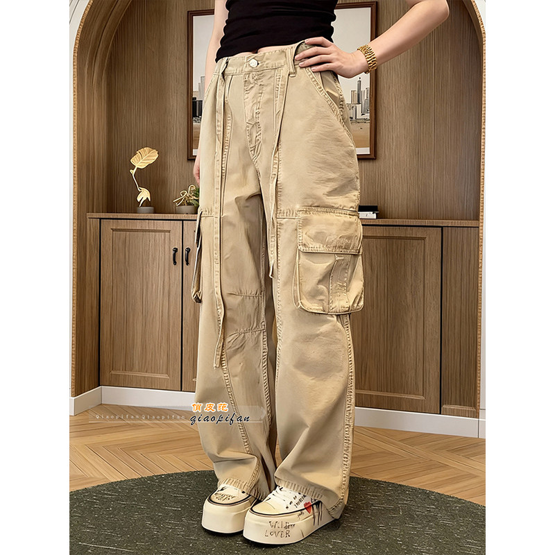 美式工装风卡其色多口袋阔腿裤女2026春季宽松百搭高腰显瘦弯刀裤,女装/女士精品,大码裤装,淘宝优惠券,粉丝福利购,淘宝优惠卷