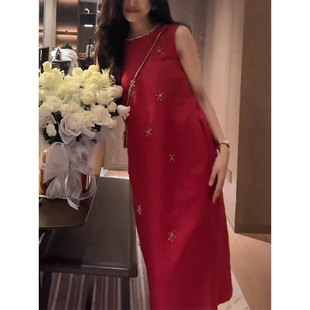 高级感轻奢刺绣红色无袖连衣裙女2026春夏新款高级感显瘦背心长裙