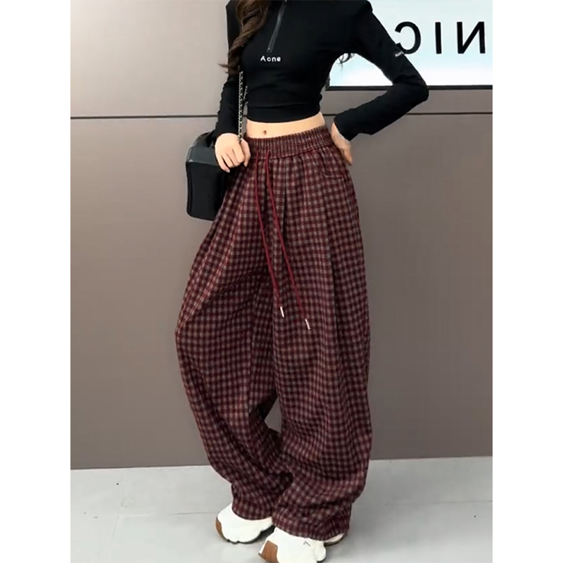 大码慵懒风格子抽绳阔腿裤女2025