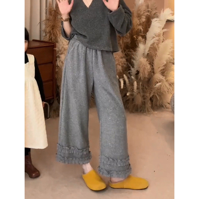 韩系拼接木耳边细闪休闲裤女