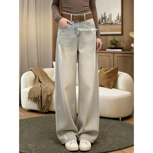 时尚流行设计感水洗阔腿牛仔裤女