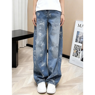 蓝色破洞牛仔裤 酷帅直筒裤 女2026春季 宽松显瘦个性 子 新款 高街风格