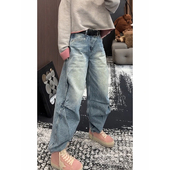 显瘦高级感休闲裤 加绒时髦洗水捏褶弯刀牛仔裤 女秋冬2025复古个性