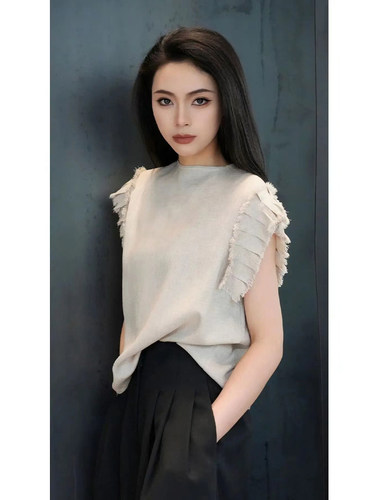 气质极简风毛边小飞袖T恤上衣女