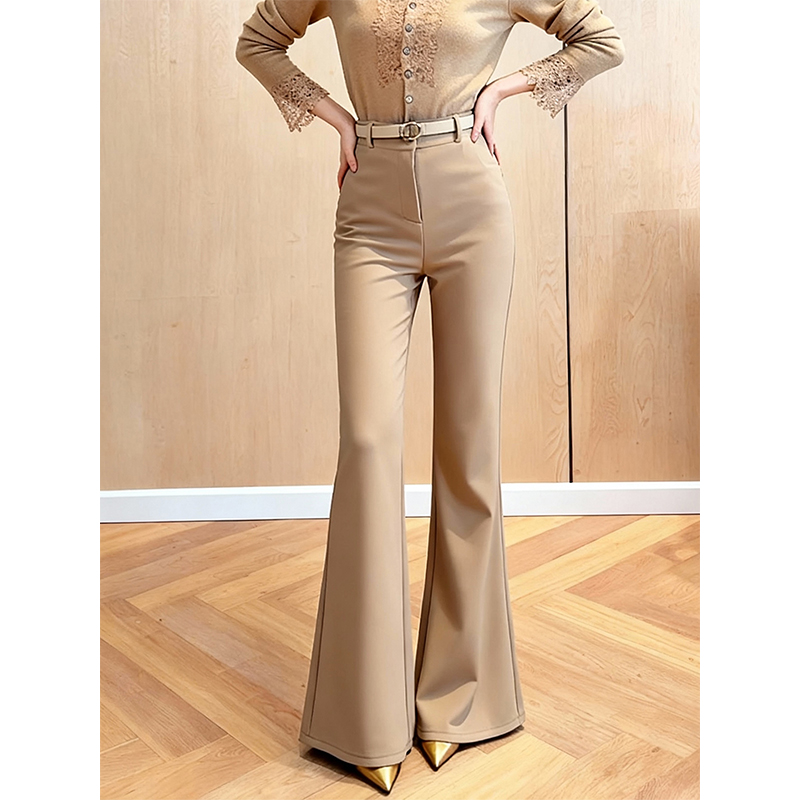 加绒加厚气质奶茶色不贴腿微喇裤