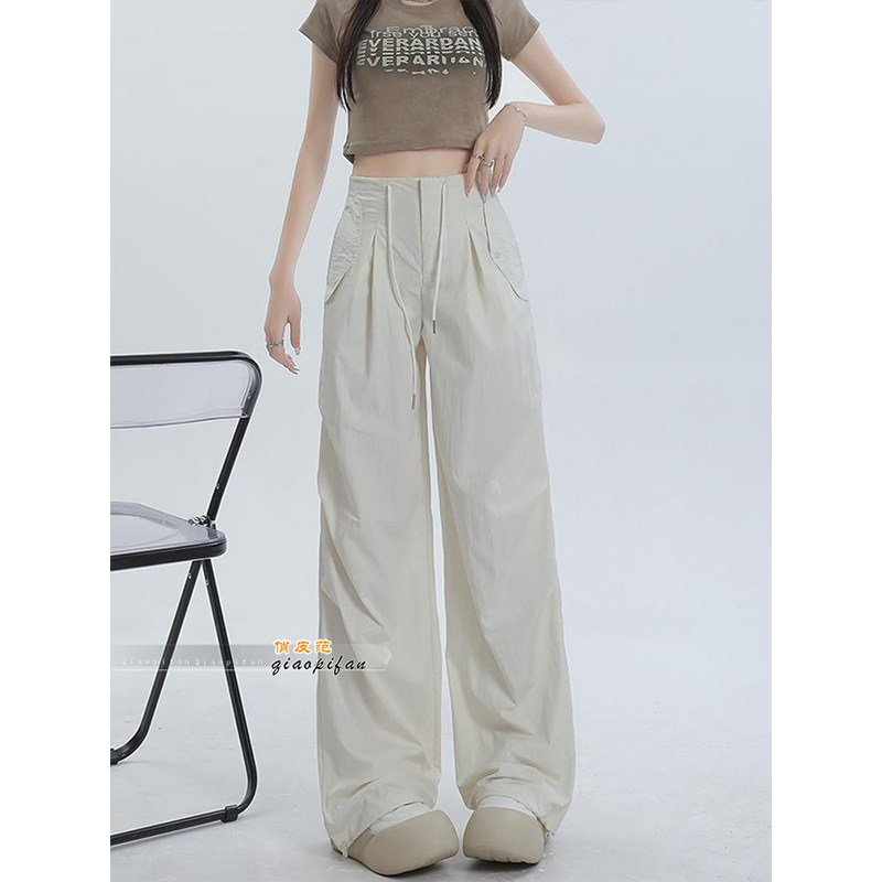 美式工装风米白色高腰阔腿裤女2026春季新款宽松显瘦束脚休闲长裤,女装/女士精品,休闲裤,淘宝优惠券,粉丝福利购,淘宝优惠卷