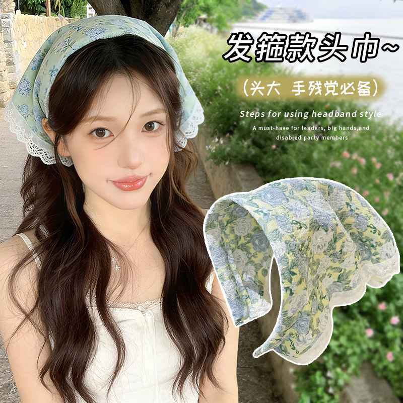夏天田园风碎花头巾发箍女日常外戴三角巾头箍一体发饰出游穿搭