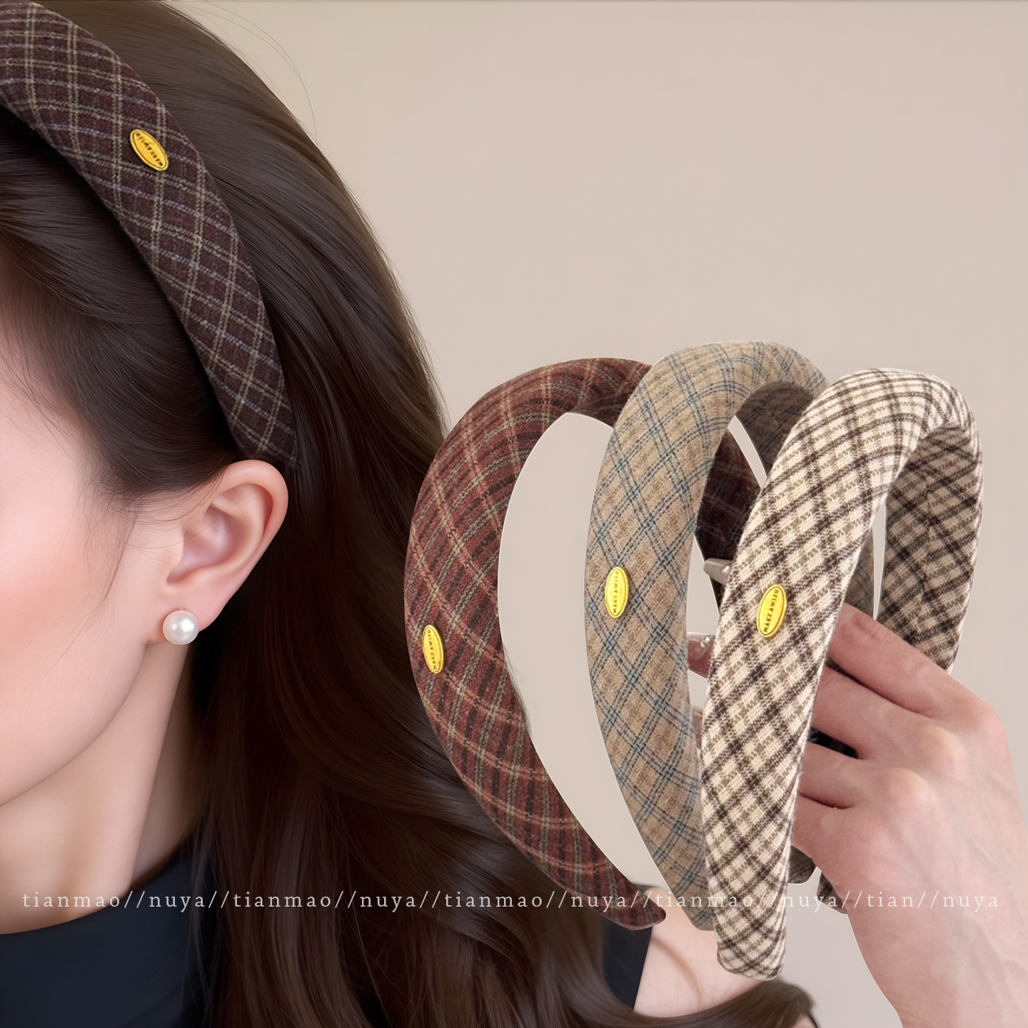 韩系格纹高颅顶发箍女2025新款