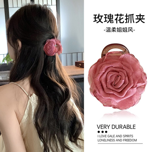 新中式粉色山茶花半扎发抓夹女~