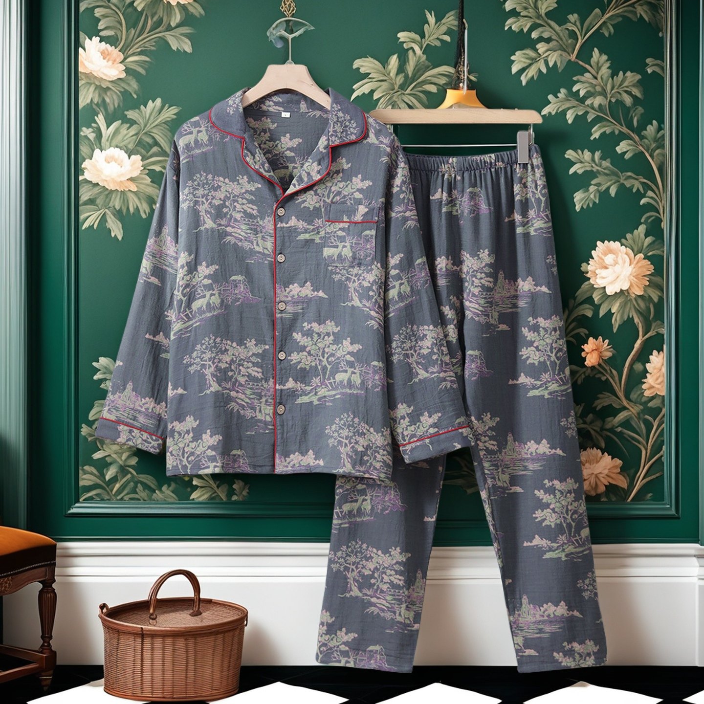 双层纱睡衣纯棉男女士家居服长袖长裤春秋冬季可外穿情侣汗蒸浴服