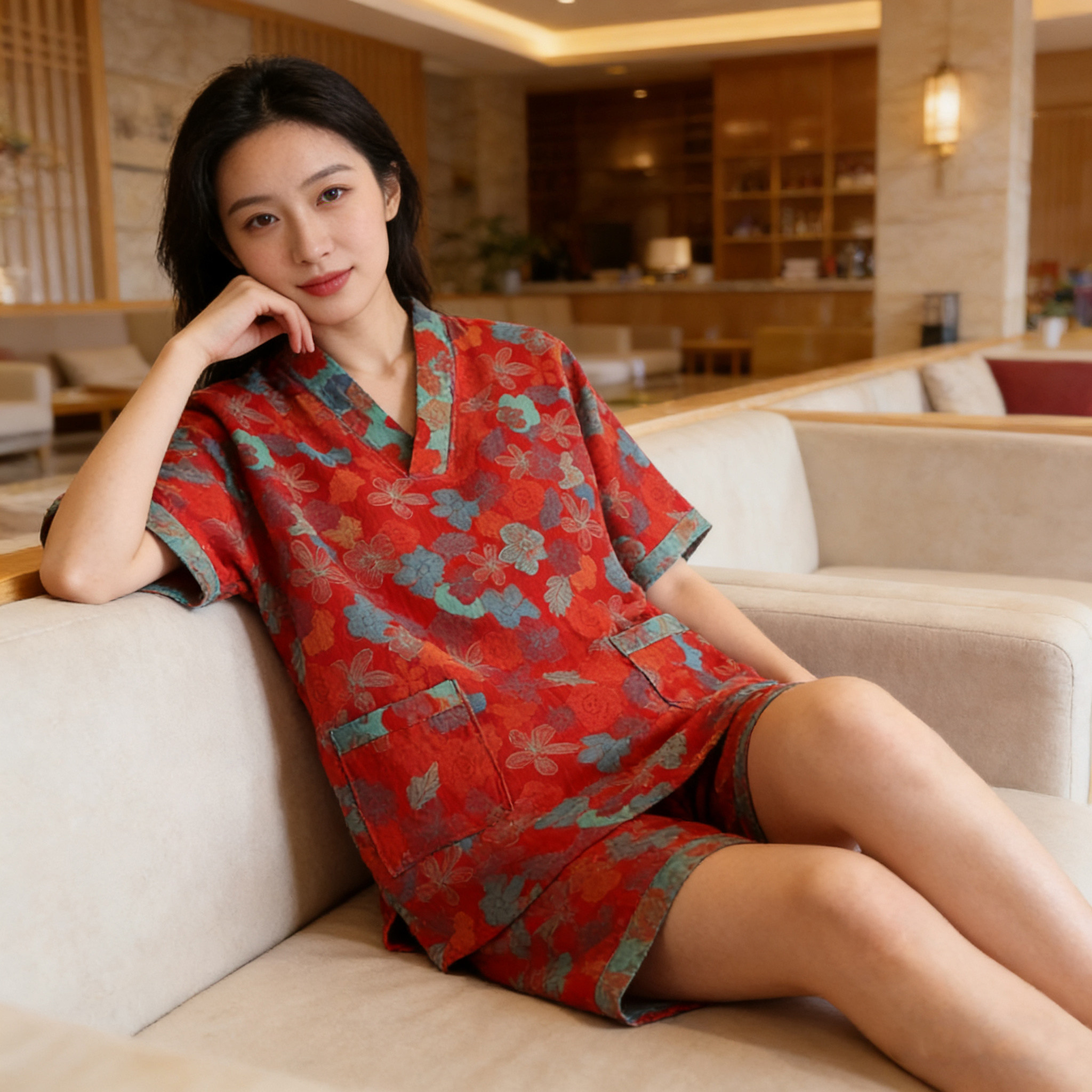 纯棉汗蒸服双层纱女春秋夏高档睡衣男浴服全棉情侣家居服足疗按摩