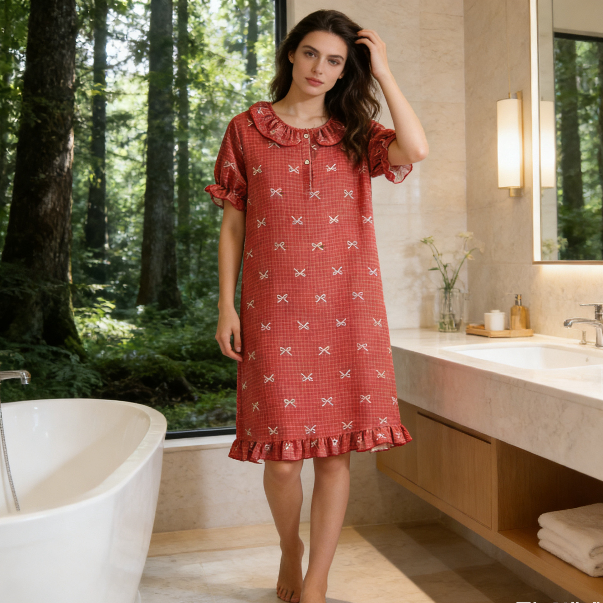 双层纱睡裙女款纯棉夏季薄款亲肤透气100棉加肥大长款睡袍家居裙