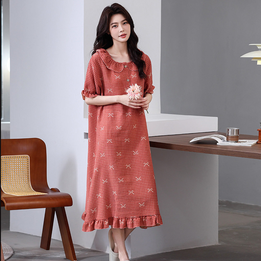 双层纱睡裙女款纯棉夏季薄款亲肤透气100棉加肥大长款睡袍家居裙