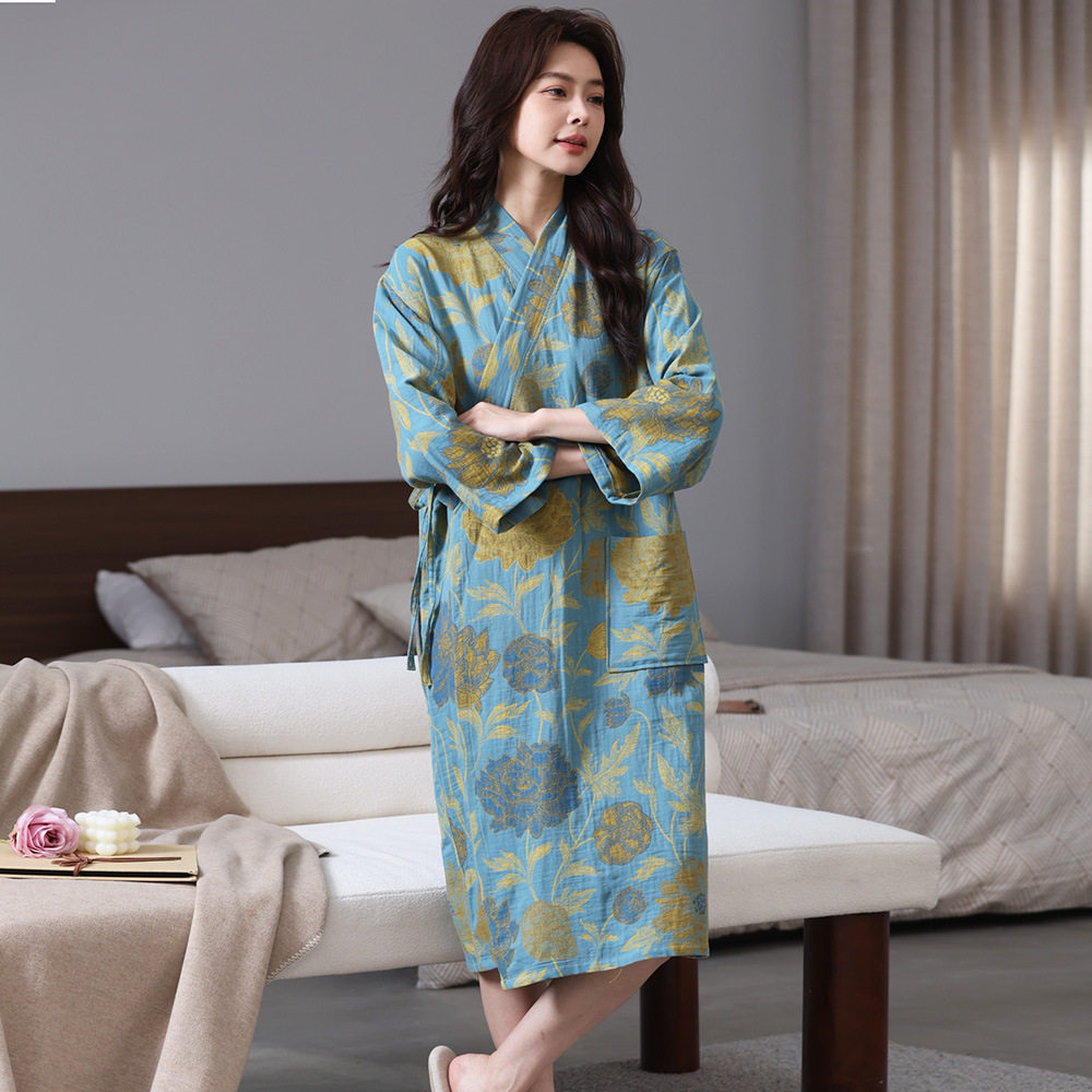 纯棉双层纱布浴袍女士全棉睡袍春夏日式酒店浴衣吸水速干汉服系带