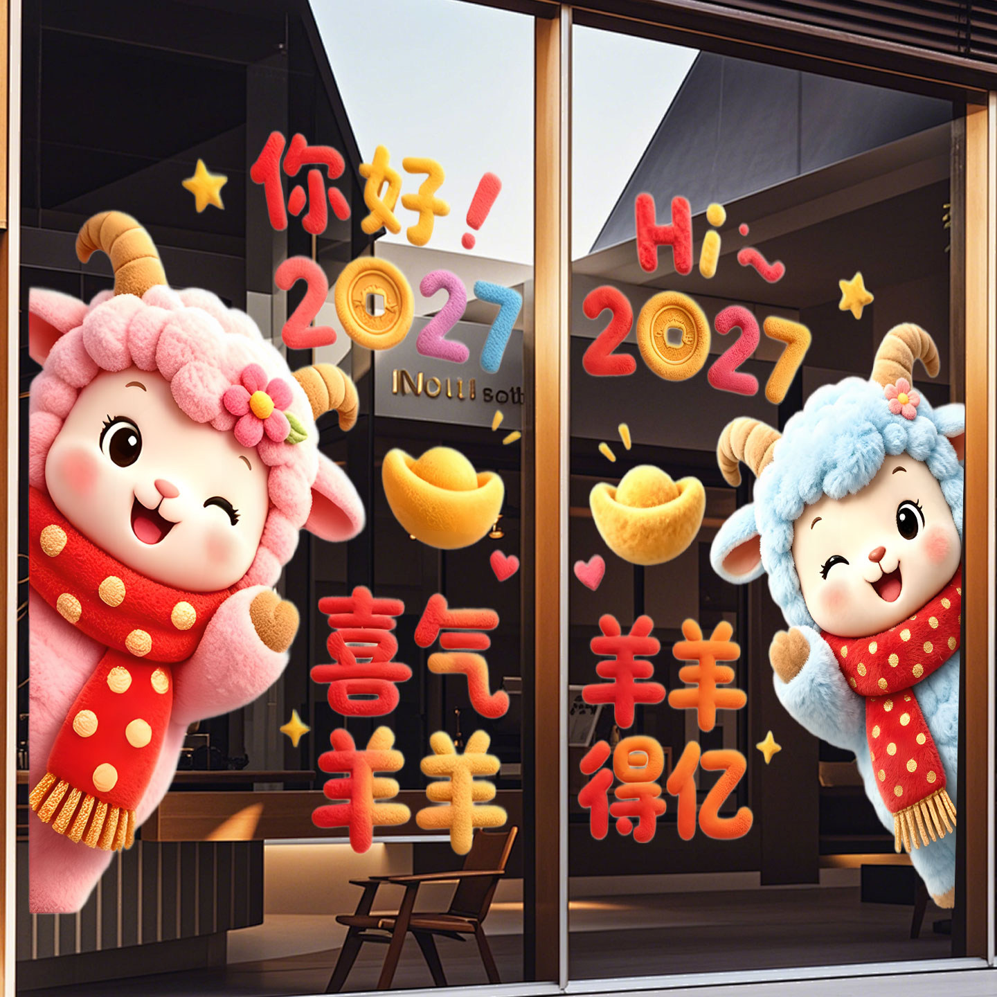 2027羊年新年装饰窗花5D卡通窗贴过年春节橱窗静电玻璃贴门贴纸
