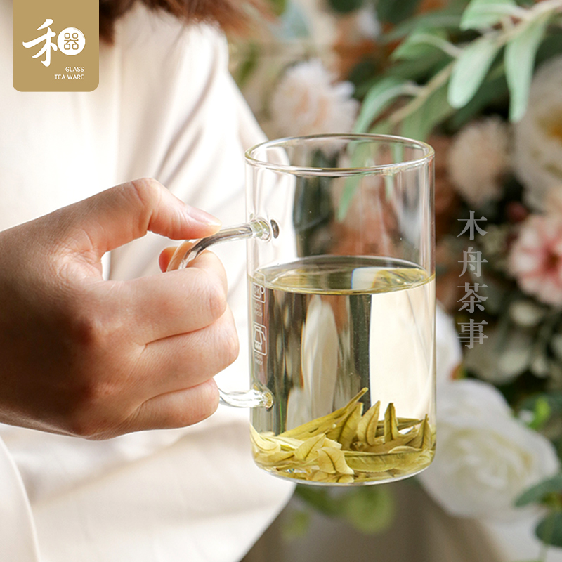 禾器清简杯家用透明喝水杯子简约玻璃杯和器茶杯带把绿茶杯400ml