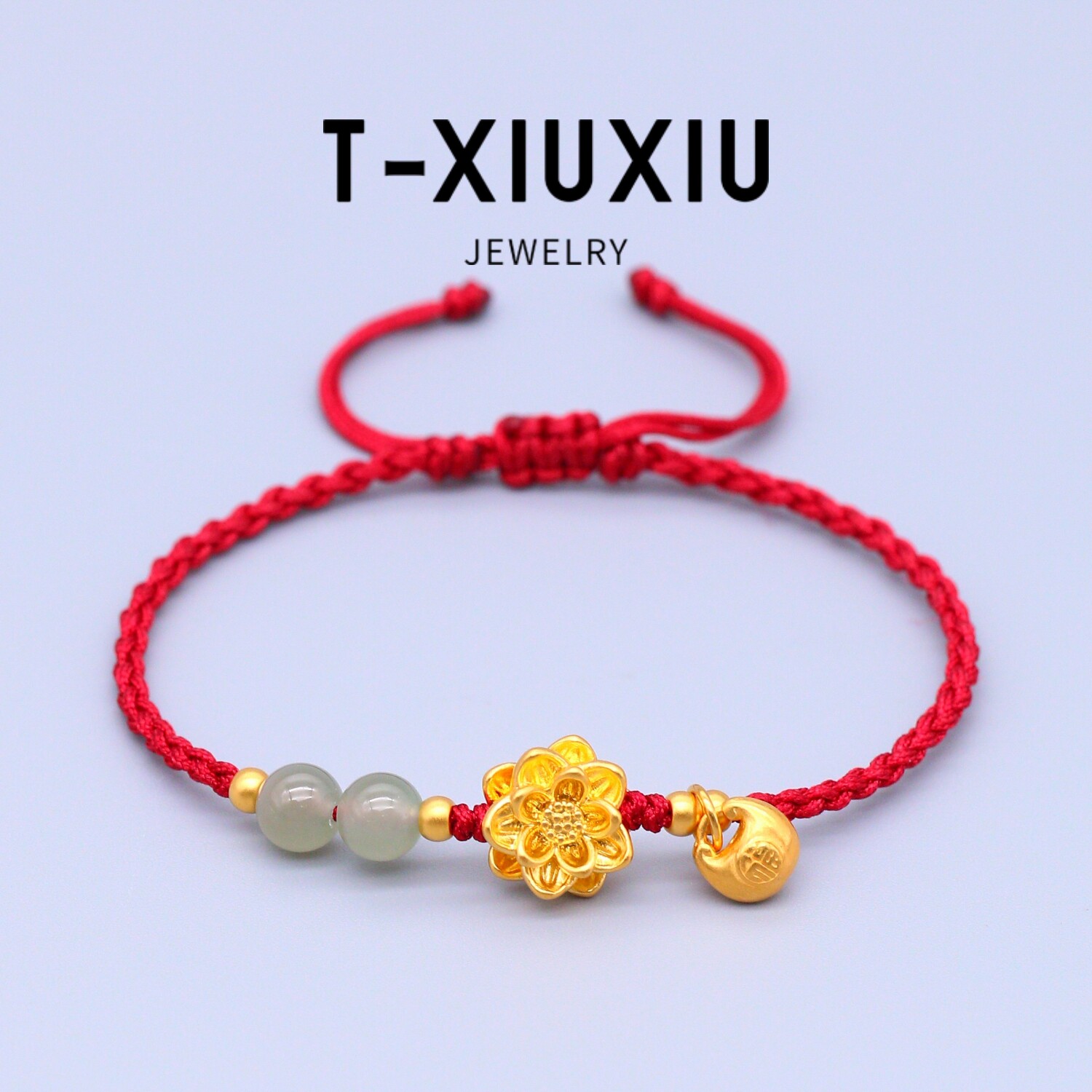 足金999莲花胖福酒红绳手绳