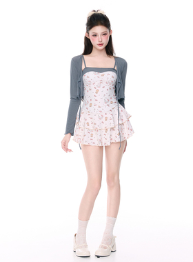 新款泳装日系卡通纯欲风少女吊带裙收腰显瘦灰色长袖开衫温泉泳衣
