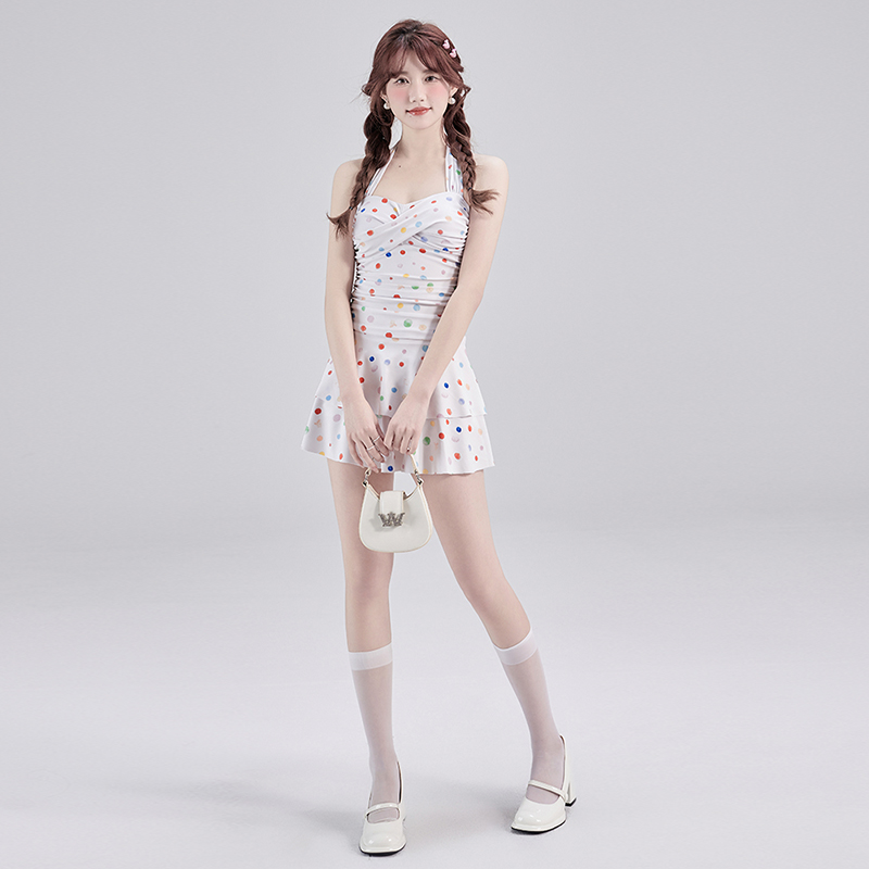 多巴胺泳装复古彩色波点连体细带裙显瘦遮肉少女学生泡温泉泳衣女