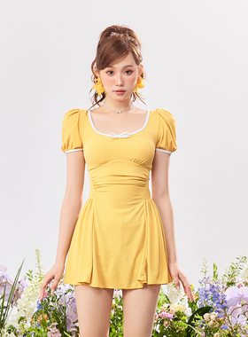 诗凯迪游泳装甜妹短袖连体裙保守黄色显白遮肉显瘦遮肚温泉泳衣女