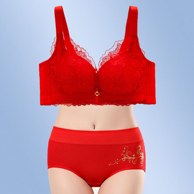 红色内衣女士套装本命年女马年结婚新娘小胸加厚聚拢显大性感文胸