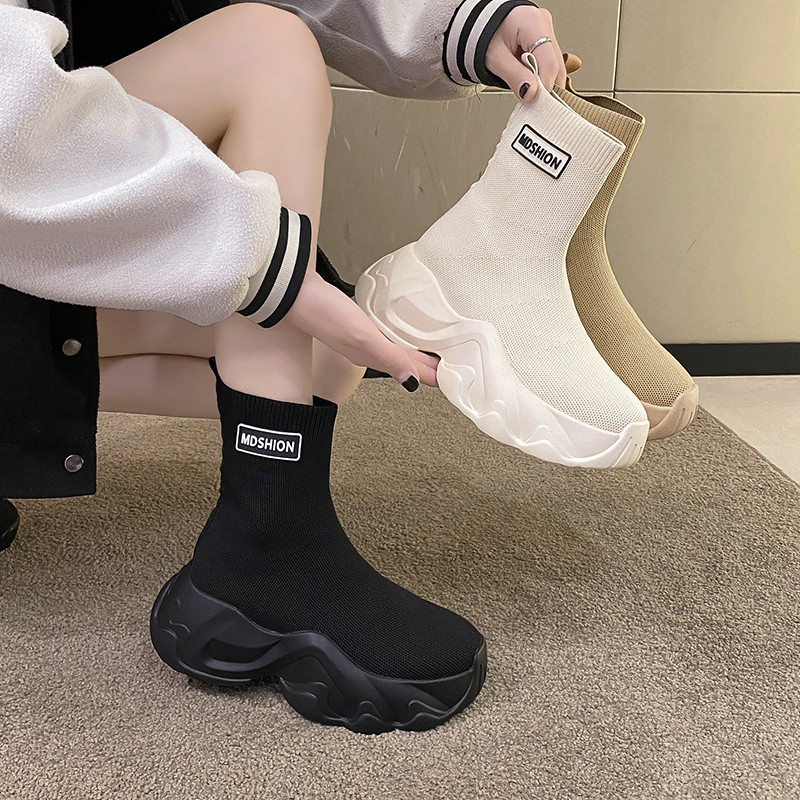 黑色弹力靴女2025春季新款高帮飞织鞋女透气厚底短靴瘦瘦靴女袜靴,女鞋,弹力靴/袜靴,淘宝优惠券,粉丝福利购,淘宝优惠卷