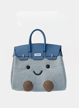 可爱小众蓝色牛仔布单肩斜挎铂金包时尚秋冬款手提通勤包