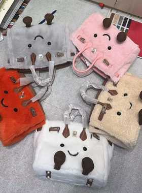 现货小众可爱风毛茸茸包包铂金包风玩偶包敲可爱毛绒小精灵手提包